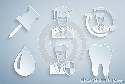 Set User protection, Human resources, Water drop, Broken tooth, Graduate with graduation cap and Push pin icon. Vector Stock Photo