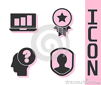 Set User protection, Laptop with graph chart, Human head with question mark and Medal with star icon. Vector. Vector Illustration