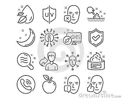 Uv protection, Skin condition and Face declined icons. Water drop, Face biometrics and Skin cream signs. Vector Vector Illustration