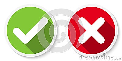 Set of V and X icons, buttons. Flat round check and cancel symbol stickers. Vector Illustration