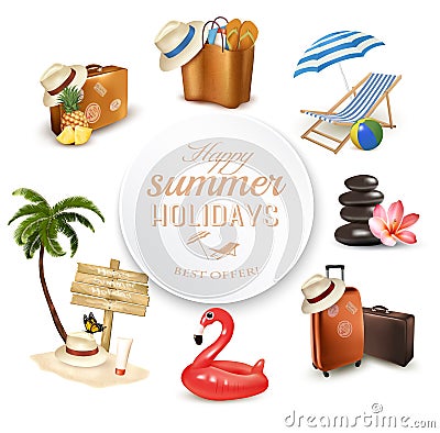 Set of vacation travel related icons. Vector Illustration