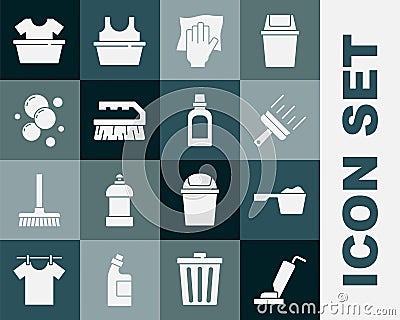 Set Vacuum cleaner, Washing powder, Rubber for windows, Cleaning service, Brush cleaning, Soap water bubbles, Basin with Stock Photo