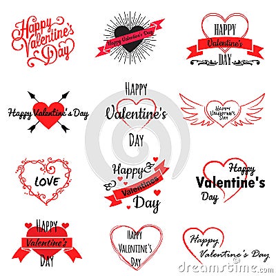 Set of valentine day logos, icons with hearts and inscriptions, vector illustration Cartoon Illustration