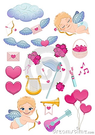 Set of Valentine Elements with Cute Cupid, Valentine Items Vector Vector Illustration