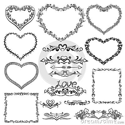 Set of Valentine frames and borders. Vector Illustration