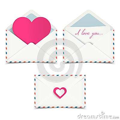Set of Valentine romantic envelopes, love letters, isolated on w Vector Illustration