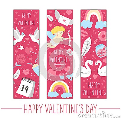 Set of Valentineâ€™s day bookmarks or greeting card templates. Vertical love holiday posters or invitations. Bright pink frame Vector Illustration
