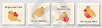 Set of Valentine's day cards Cute cats with valentines decorations. Vector Illustration