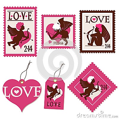 Set of Valentine's day cupid stamps and tags Vector Illustration