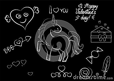 Set of Valentine s day cute elements isolated on black background. Sketch. Vector illustration. Unicorn, heart, letter Vector Illustration