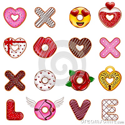 set of valentine's day donuts. collection of valentine funny doughnuts Vector Illustration