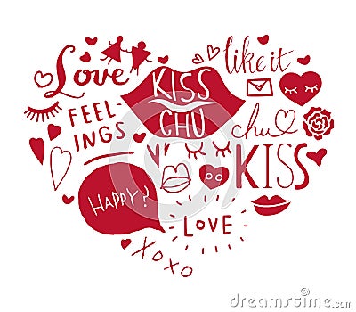 Set of Valentine`s Day in Doodle Style Vector Illustration