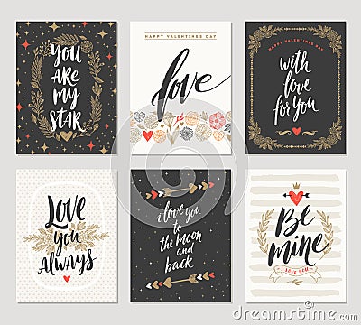 Set of Valentine`s Day hand drawn greetings Vector Illustration