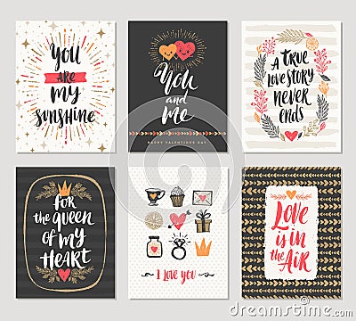 Set of Valentine`s Day hand drawn greetings Vector Illustration