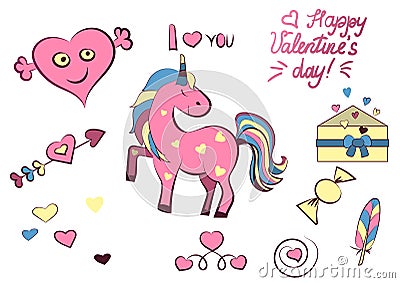 Set of Valentine s day elements isolated on white background. Vector illustration. Unicorn, heart, letter, arrow, candy Vector Illustration