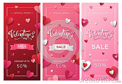 Set of Valentine`s Day Sale vertical flyers design with paper hearts in red white and pink colors. Discount up to 50%. - Vector Vector Illustration