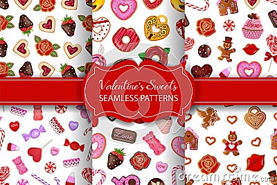 set of valentine's day seamless patterns with sweets. collection of seamless texture with valentine cakes and candies Vector Illustration