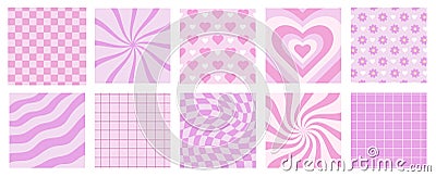 Set of Valentine's Day square backgrounds in y2k style, group of pink romantic cards Vector Illustration