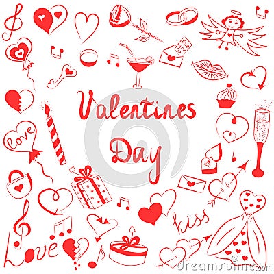 Set of Valentine`s Day Symbols. Children`s Funny Doodle Drawings of Red Hearts, Gifts, Rings,Balloons Arranged in a shape of Heart Vector Illustration