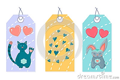 Set of valentine`s day tags with cute animals and hearts isolated on a white background. tags for february 14-valentine`s day Stock Photo