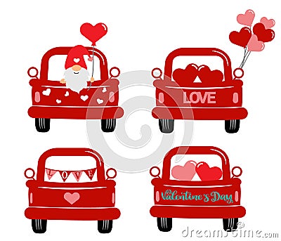 Set valentine`s red truck with hearts. Flat vector Vector Illustration