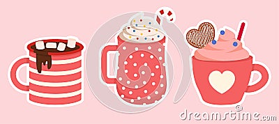 Set Of Valentines Beverages, Drinks With Marshmallow Vector Illustration With Hearts In Flat Style Vector Illustration
