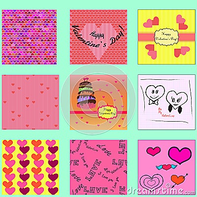 Set of valentines cards and seamless patterns with hearts. Vector Illustration