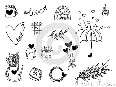 Set of Valentines day concept drawings - rainbow with hearts, calendar, 14th February, candle, continuous line heart, kettle with Vector Illustration