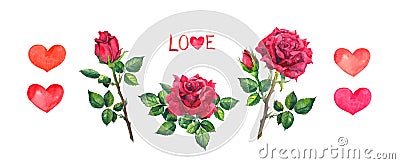 Set for Valentines day - hearts, red roses, bud. Watercolor for Valentine day, wedding design or save date card Stock Photo