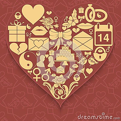 Set valentines day icons compiled in shape of heart on patterned background. Vector Illustration