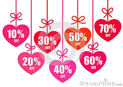 Set of Valentines day sale discount tags 10,20,30,40,50,60,70 percent off in the shape of hearts. Holiday offer. Vector Vector Illustration