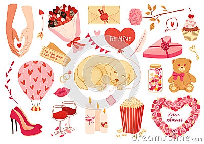 Set of valentines day stickers, elements, love symbols and romantic icons. Vector flat illustration. Vector Illustration