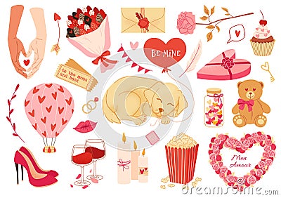 Set of valentines day stickers, elements, love symbols and romantic icons. Vector flat illustration. Stock Photo