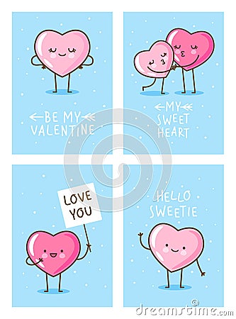 Set of Valentines day vertical greeting cards design with cute happy hearts on color background Vector Illustration