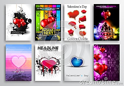 Set of Valentines Flyer Design, Invitation Cards Templates Vector Illustration