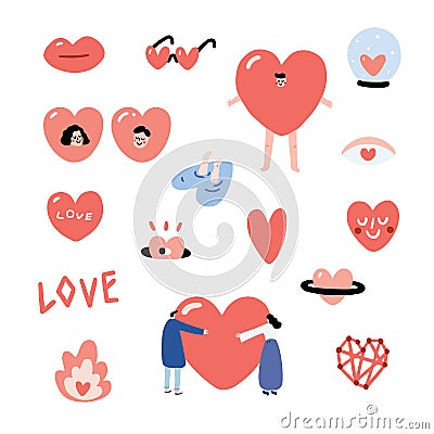 Set of Valentines hand drawn vector illustration with sunglasses,glass ball,man, girl,people hug,smiley. Heart character set. Vector Illustration