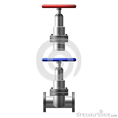 Set valves ball, fittings, pipes of metal piping system. Different types valves water, oil, gas pipeline, pipes sewage Vector Illustration