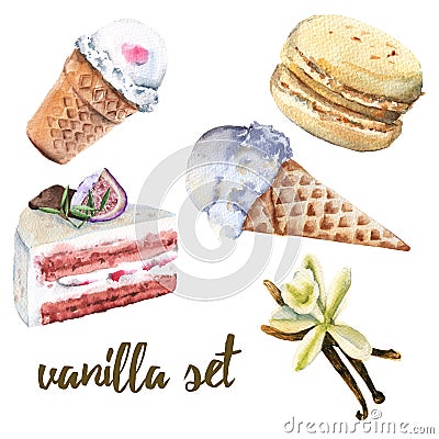 Set vanilla sweets. Cake, candy, ice cream and macaroon. Cartoon Illustration