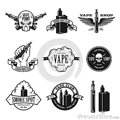 Set of vape, e-cigarette emblems, labels, prints and logos. Vector illustration. Vector Illustration