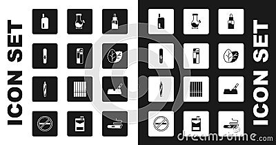 Set Vape liquid bottle, Lighter, Cigar, Electronic cigarette, Tobacco leaf, Bong, Ashtray with and Marijuana joint Stock Photo