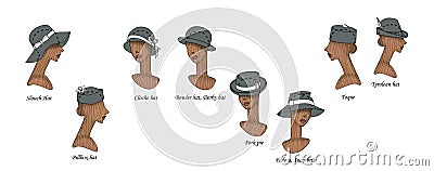 Set of 8 variants of fashionable and retro female hats on wooden mannequins of female heads. Isolated on white background Stock Photo