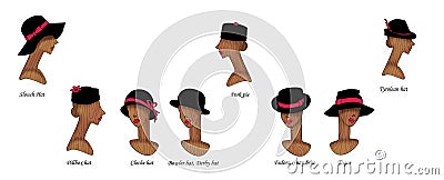Set of 8 variants of fashionable and retro female hats on wooden mannequins of female heads. Isolated on white background Stock Photo