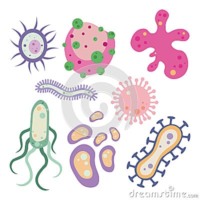 Set of lovely microbes from different form and types on white background. Vector illustration of cute and beautiful bacteria, Vector Illustration