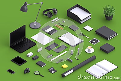 Set of variety blank office objects organized for company presentation Cartoon Illustration