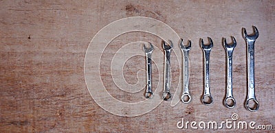 Set of variety mechanical tools isolated Socket set on a wooden background with copy space for your own text Stock Photo