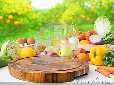 Set of variety vegetable with copy space of chopping board on garden Stock Photo