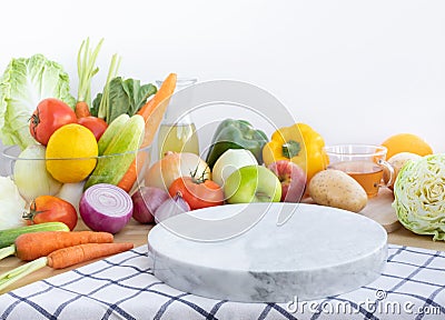 Set of variety vegetable with copy space of chopping board on kitchen counter bar Stock Photo