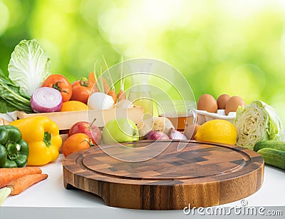 Set of variety vegetable with copy space of chopping board on kitchen counter bar Stock Photo