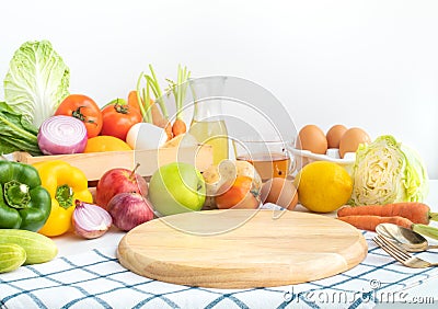 Set of variety vegetable with copy space of chopping board on kitchen counter bar Stock Photo