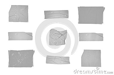 Set of various adhesive tape pieces isolated on white background. Stock Photo